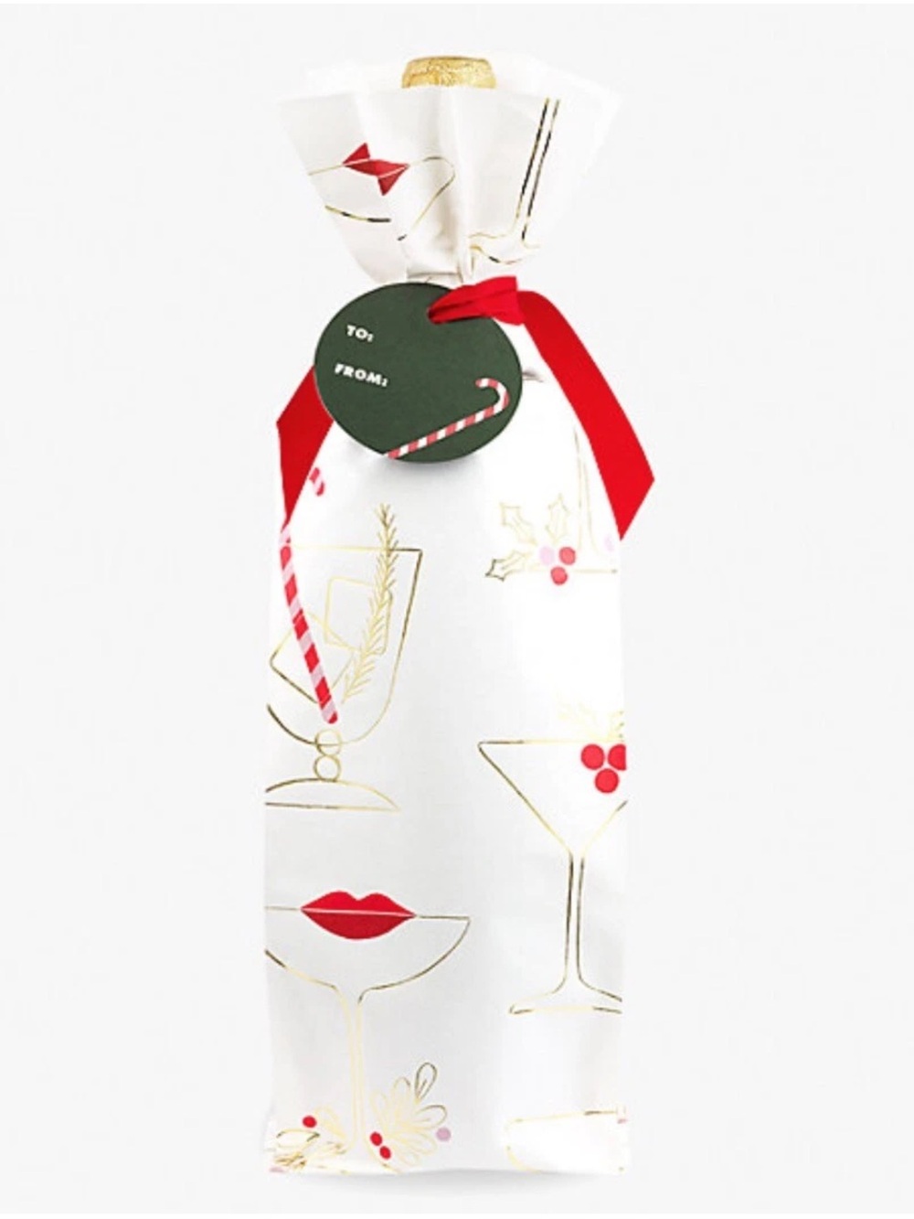Kate Spade New York Holiday Paper Wine Gift Bag "Holiday Cocktails + Lips”